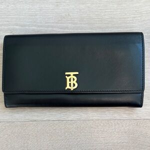 Burberry TB tri-fold leather wallet Black Gold Logo continental